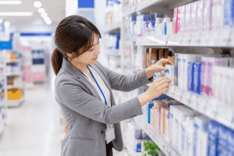 女性スタッフがドラッグストアの棚で商品を整えている様子