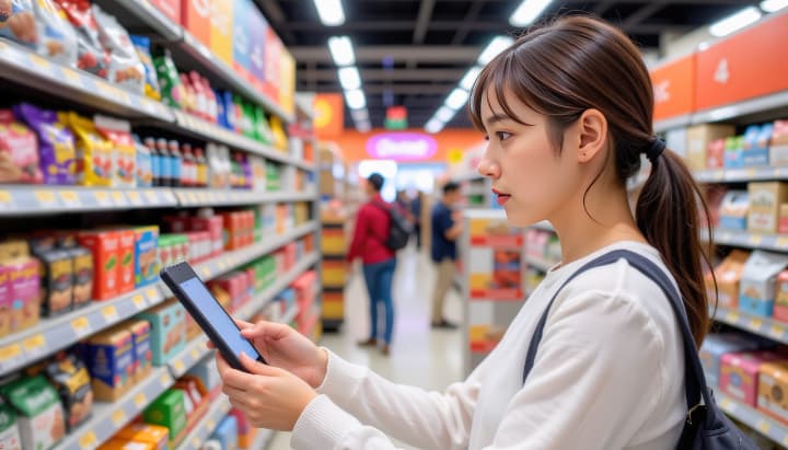 女性が店頭調査をしている